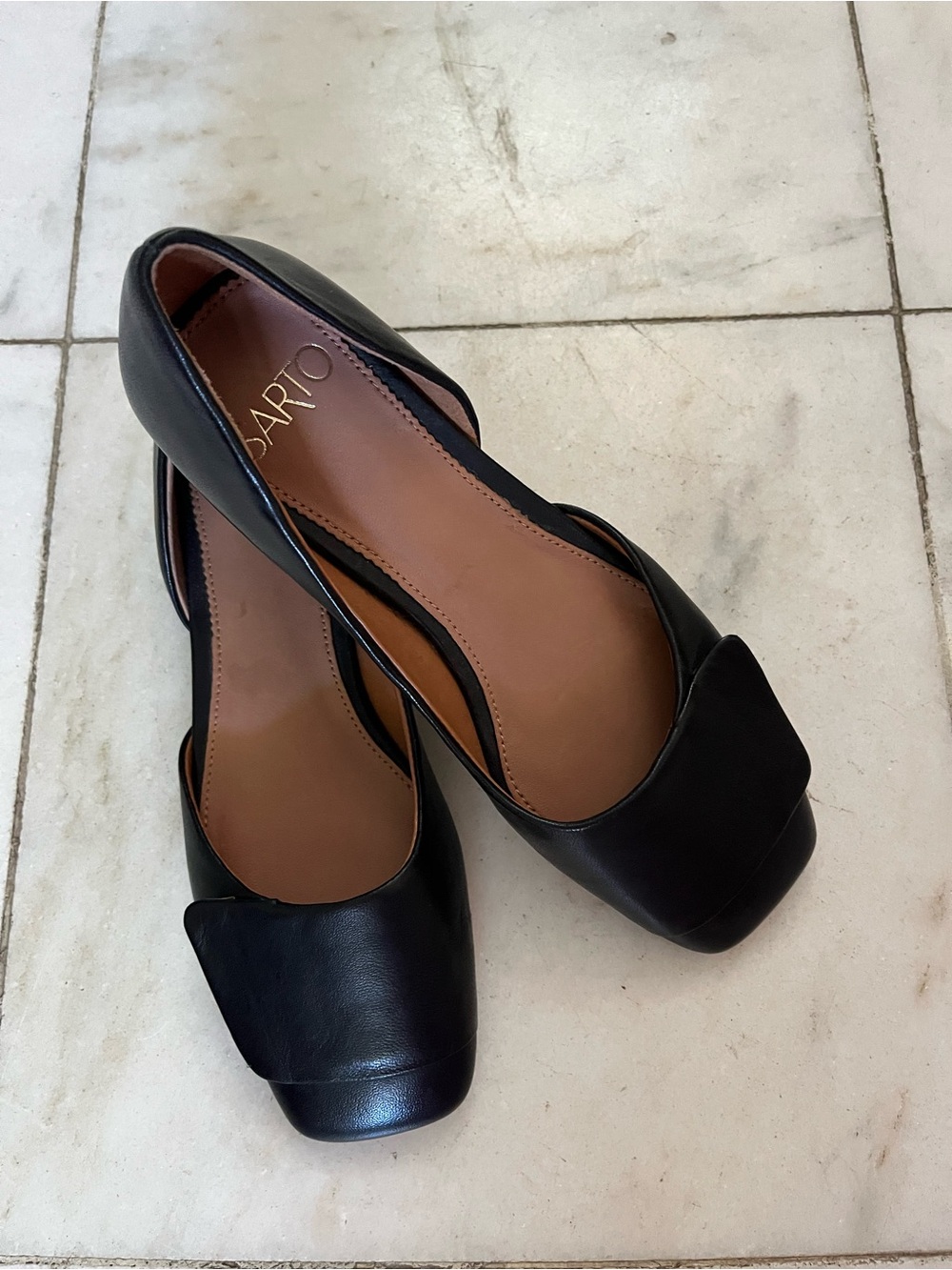 Sarto Black Square-Toe Leather Ballet Flats